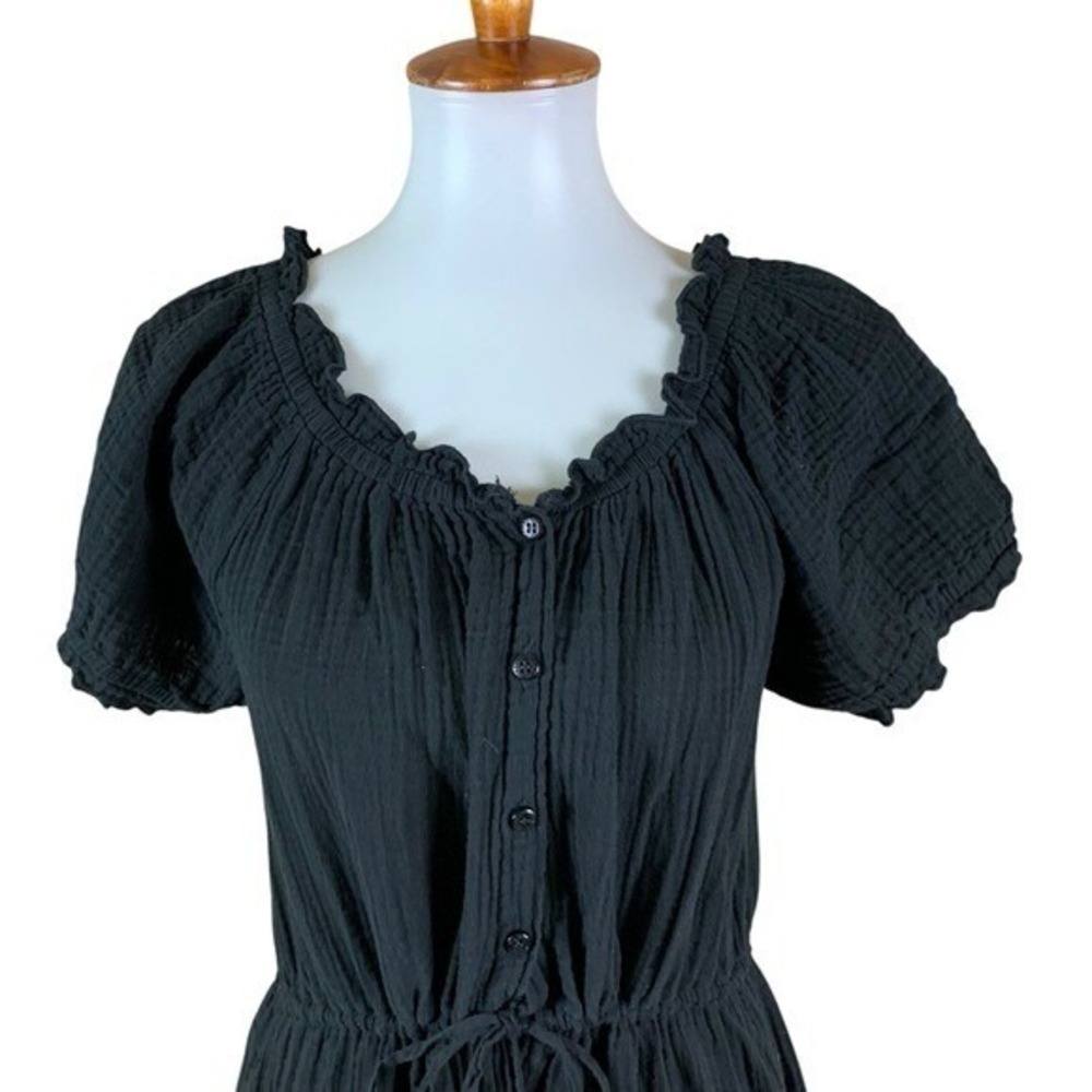 Stark X Black Button Front Ruffle Midi Dress Drawstring Waist Cotton Medium - Picture 2 of 8